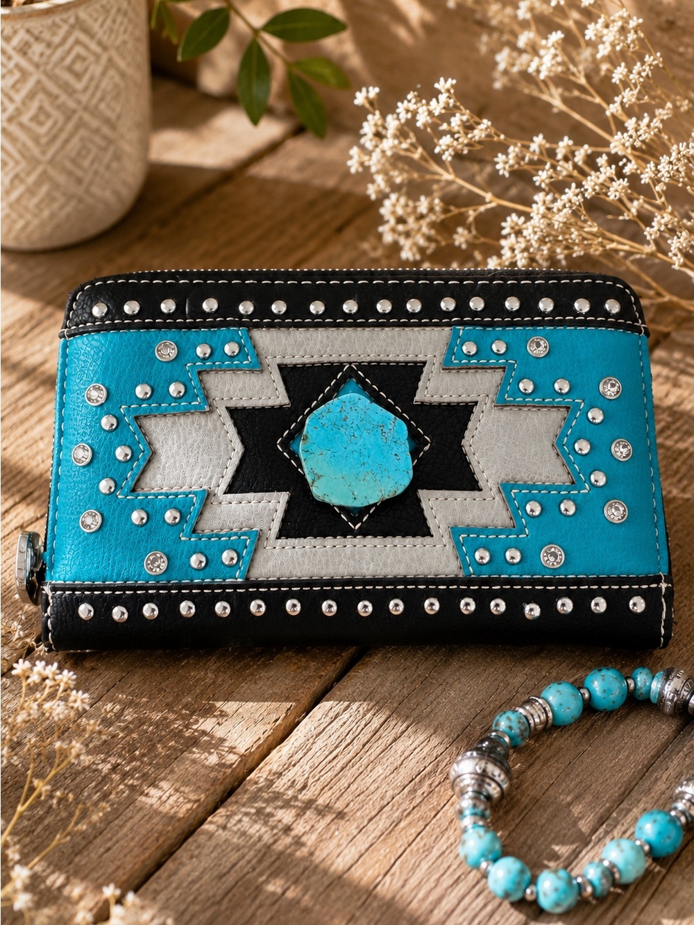Montana West Southwestern Turquoise Studded Wallet Western Cowgirl Rodeo Boho